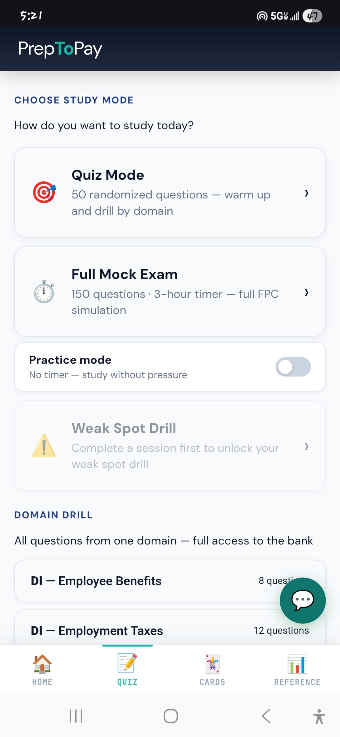 Practice quiz screen