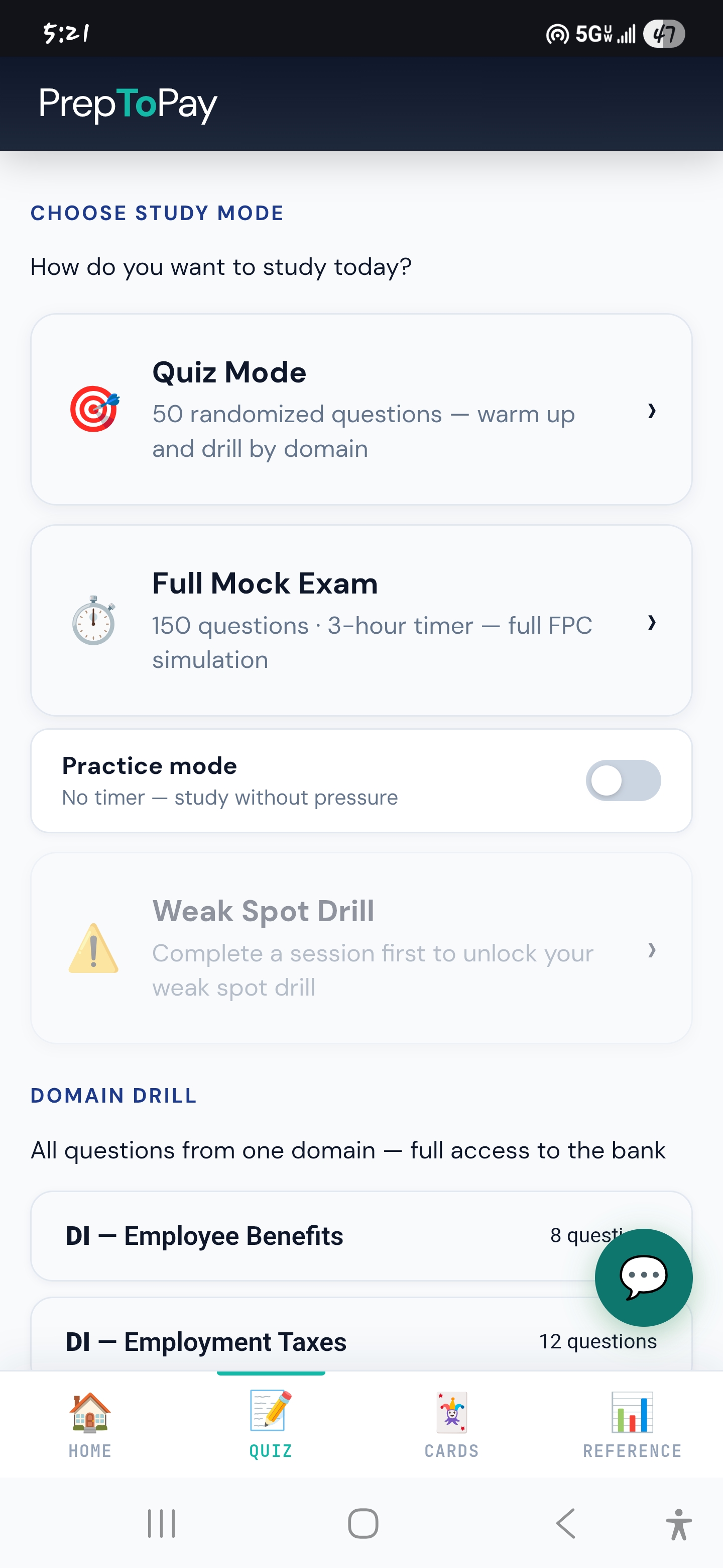PrepToPay Quiz Modes