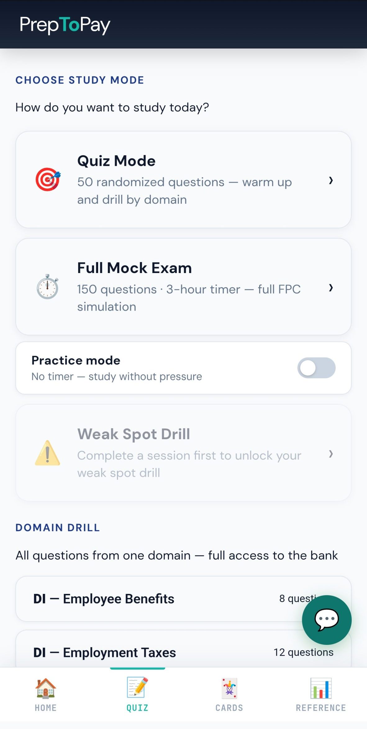 Practice quiz screen