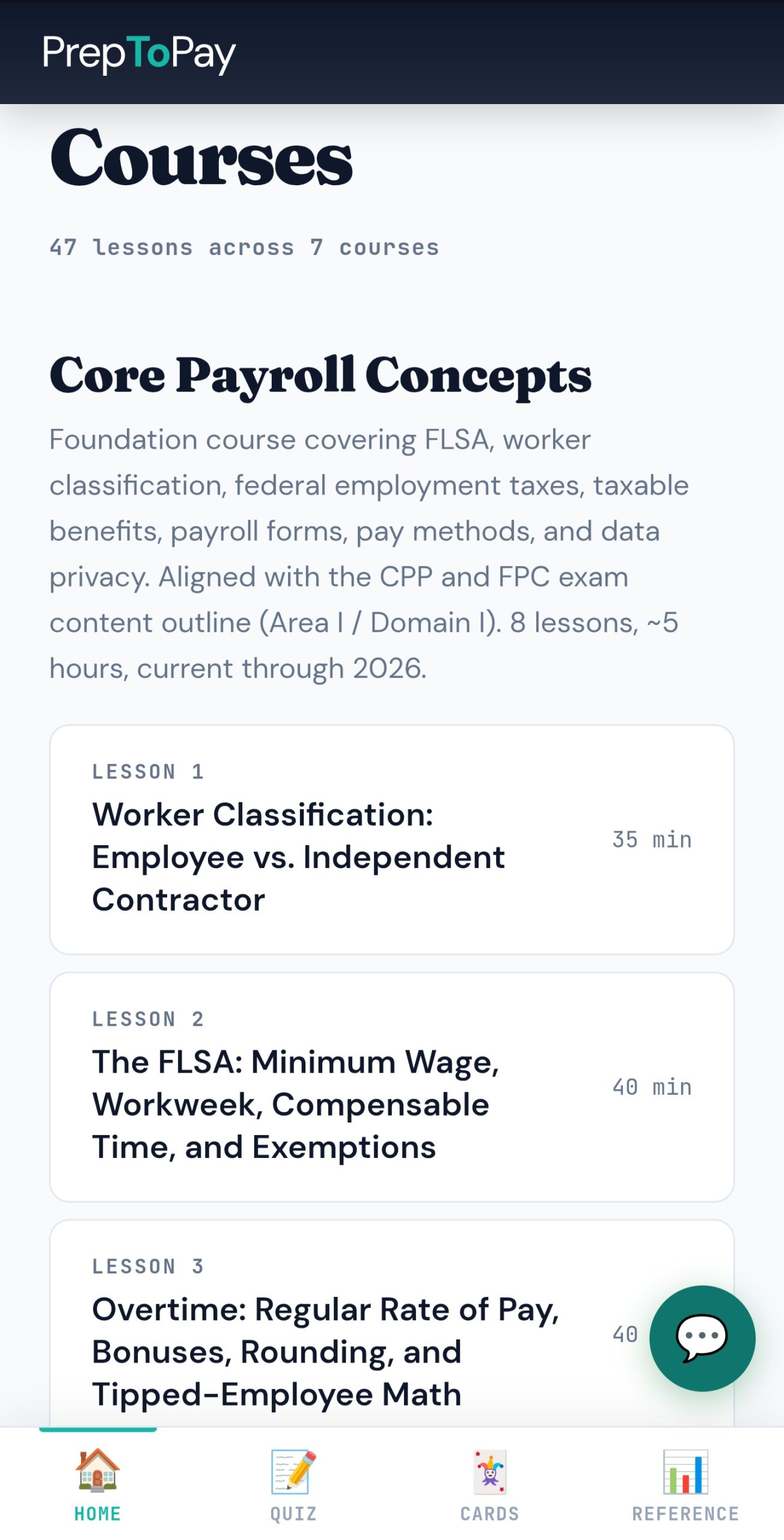 Course catalog screen: 51 lessons across 7 PayrollOrg-aligned courses, with Domain I Core Payroll Concepts expanded