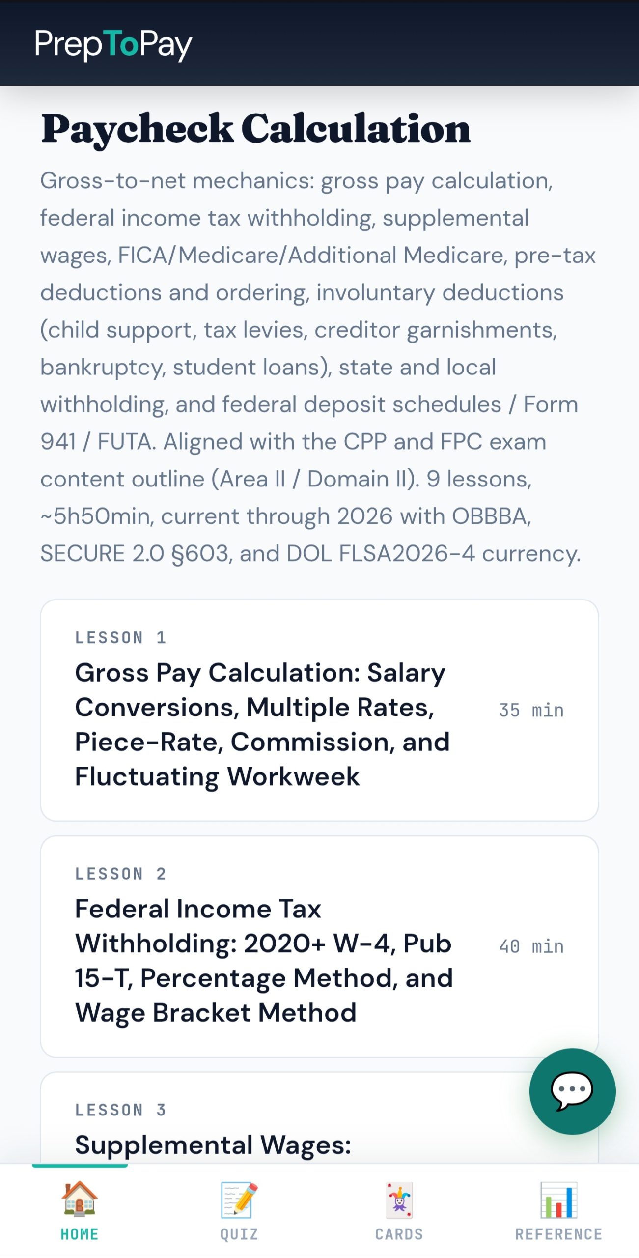 Domain II Paycheck Calculation lesson list: 9 lessons covering gross pay, federal income tax withholding, supplemental wages, and federal deposit schedules