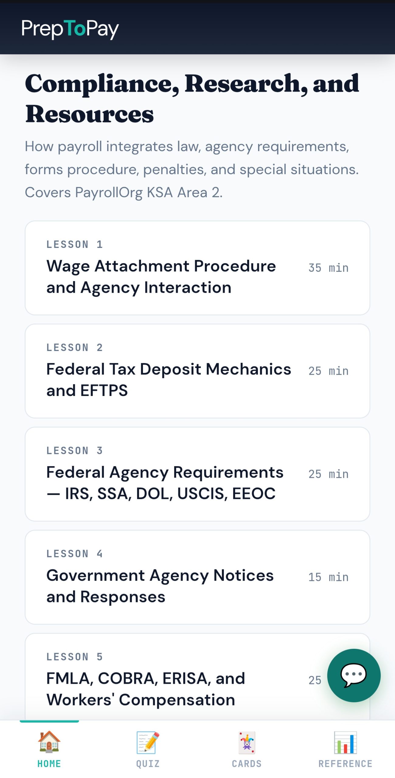 Domain III Compliance, Research, and Resources lesson list: wage attachments, federal tax deposits, agency interactions, FMLA/COBRA/ERISA