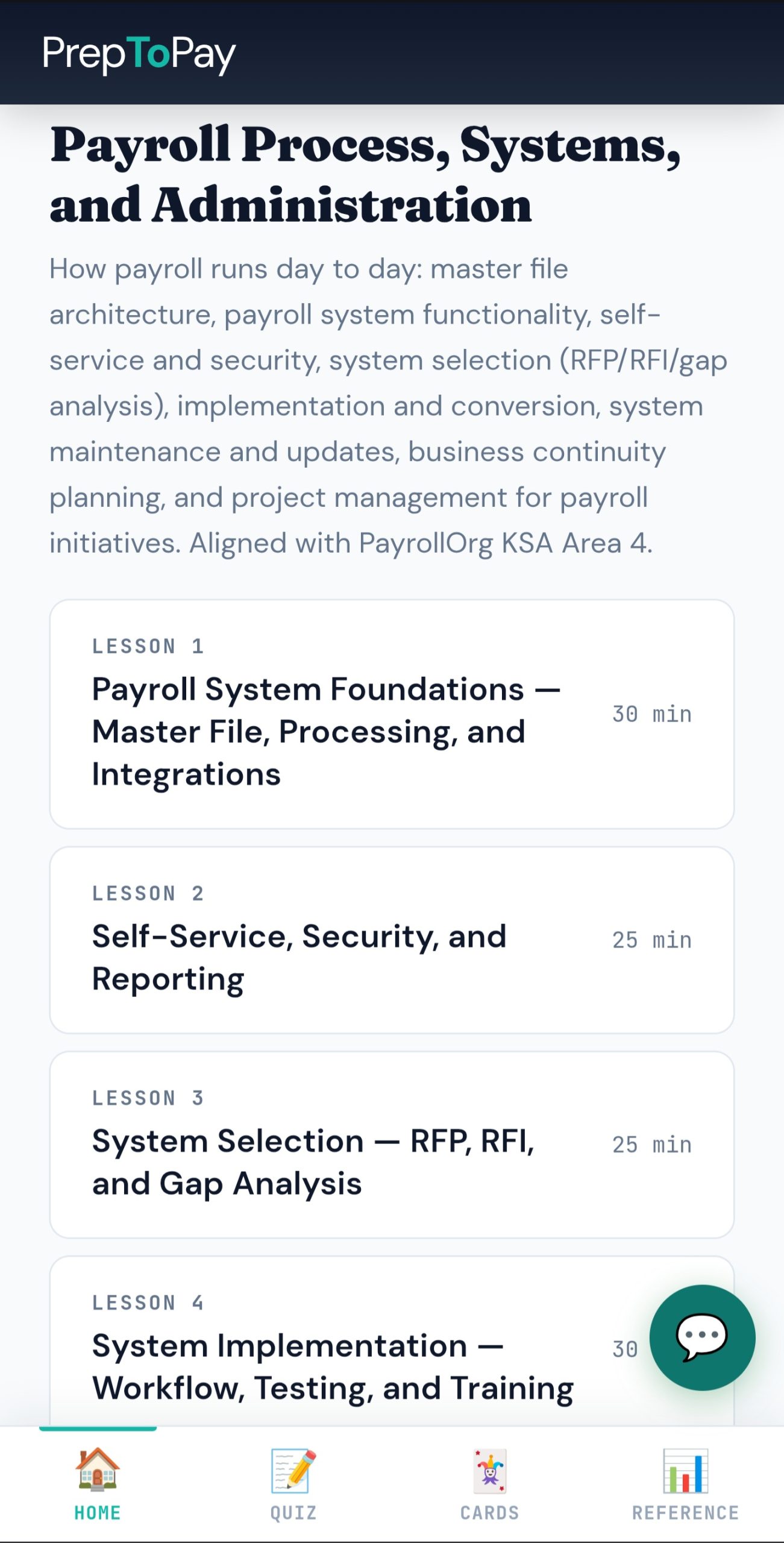Domain IV Payroll Process, Systems, and Administration lesson list: system foundations, security, system selection, implementation