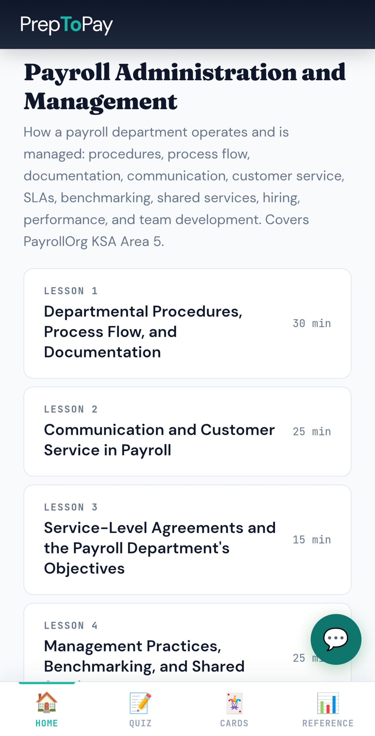 Domain V Payroll Administration and Management lesson list: departmental procedures, customer service, SLAs, management practices
