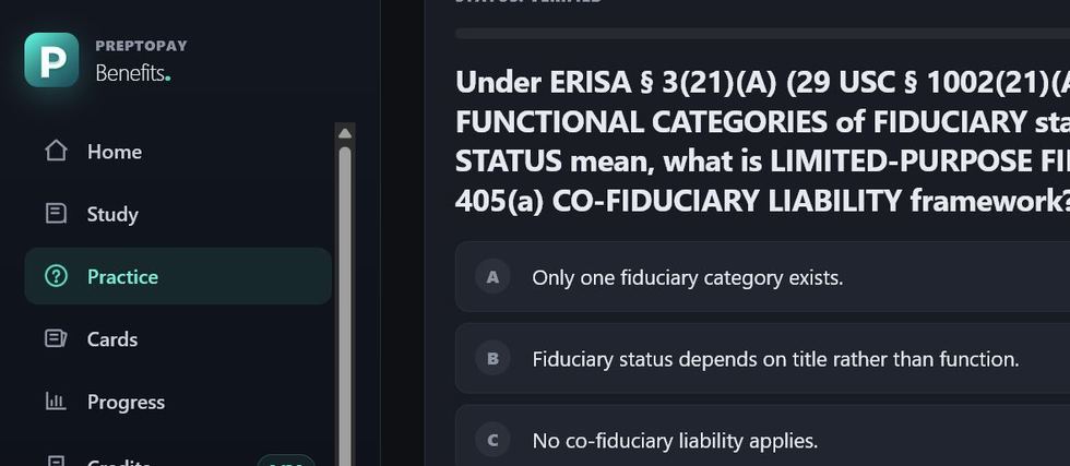 PrepToPay Benefits app practice screen with multiple-choice questions